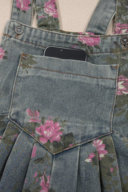 Gray Beau Floral Print Pleated High Waist Wide Leg Denim Jumpsuit