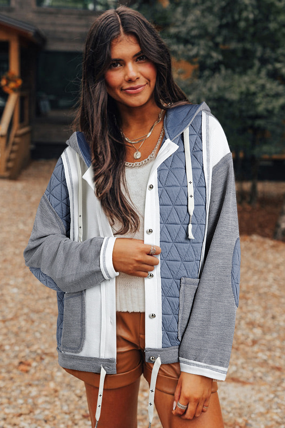 Beige Quilted Textured Patchwork Loose Fit Hooded Jacket