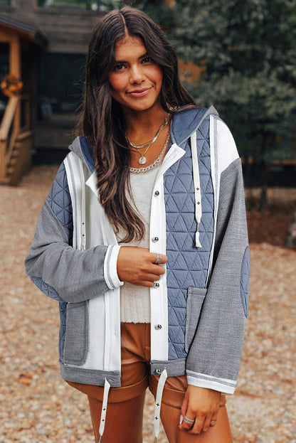 Beige Quilted Textured Patchwork Loose Fit Hooded Jacket