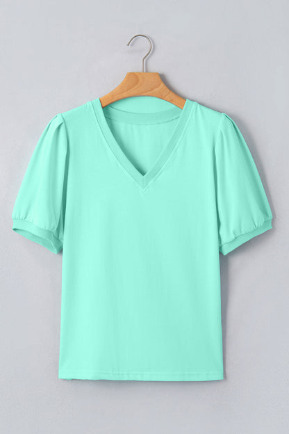 Mint Green Solid Color V Neck Short Puff Sleeve Blouse