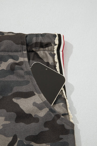 Khaki Camouflage Print Striped Side Panel Patchwork Drawstring Pants