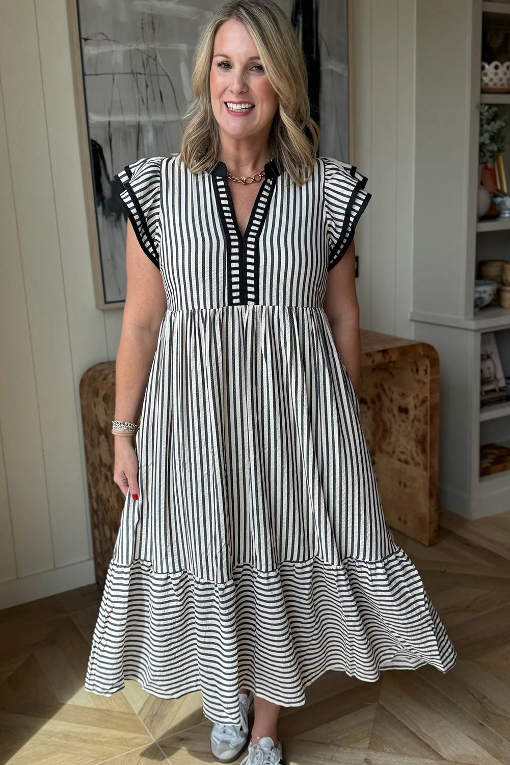 Black Stripe Double Ruffled Short Sleeve Contrast Trim V Neck Midi Dress