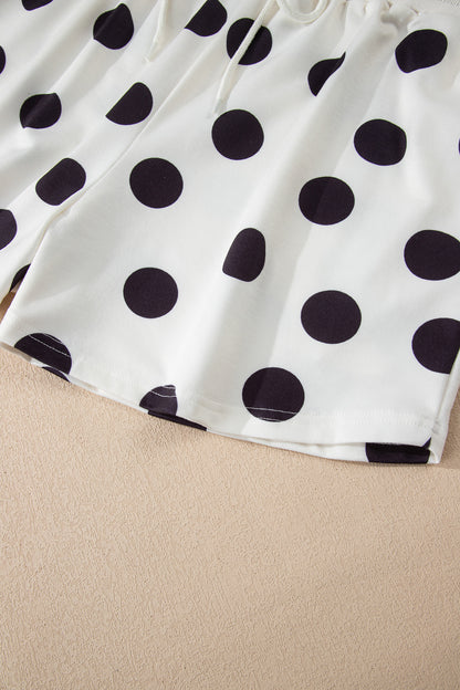 Sky Blue Polka Dot Print Drop Shoulder Pullover Drawstring Shorts Set