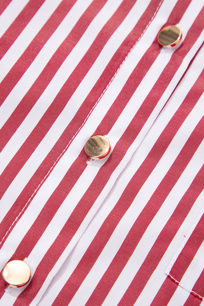 Red Stripe Patched Pocket Side Slit Loose Shirt