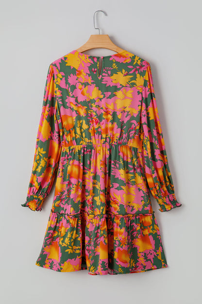 Multicolour Floral Print Long Sleeve Smocked Ruffled Mini Dress