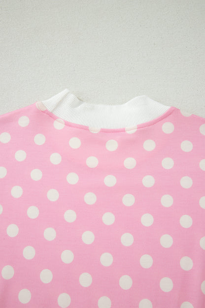 Sky Blue Polka Dot Print Color Block Trim Mock Neck Short Set