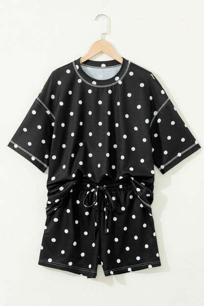 Black Exposed Seam Detail Polka Dot Loose Tee Drawstring Shorts Set