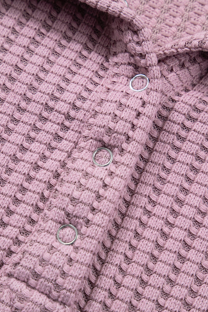 Casual Solid Color Textured Snap Button Collared Baggy Top