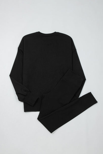 Black Solid Color Oversize Slit Sweatshirt Ribbed Leggings 2pcs Set