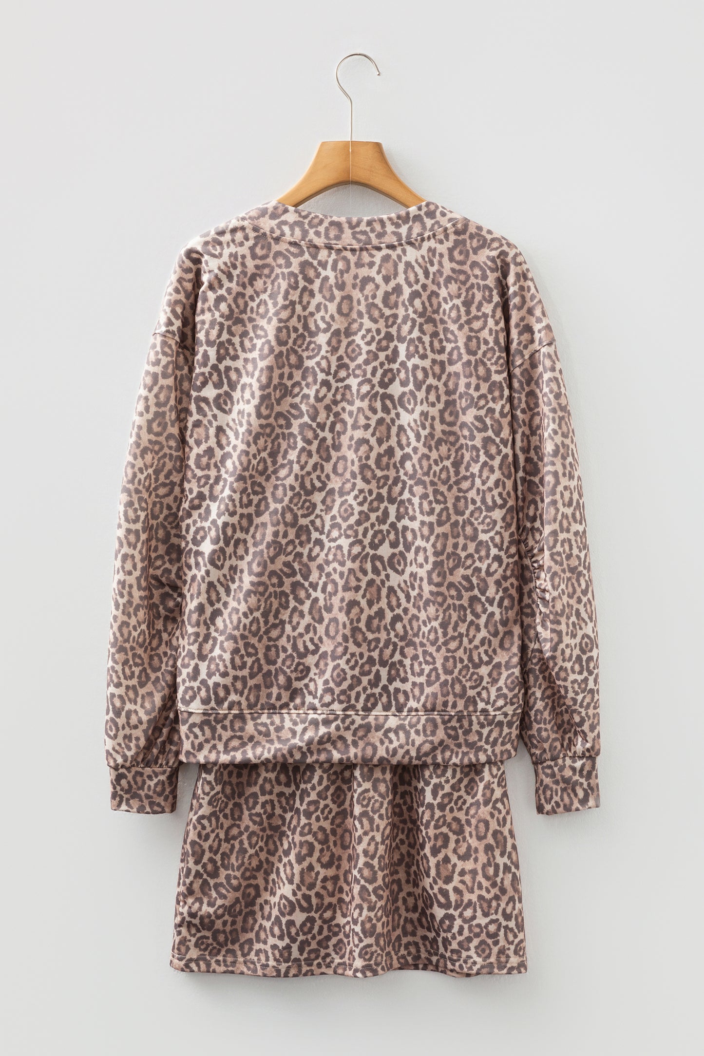 Light French Beige Leopard Print V Neck Pullover Mini Skirt 2pcs Set