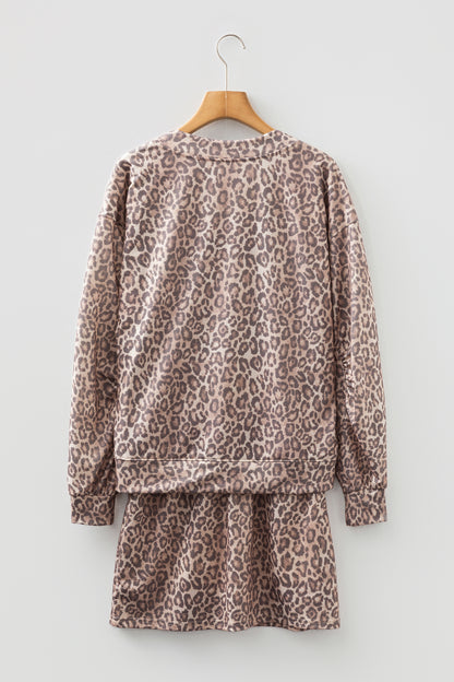 Light French Beige Leopard Print V Neck Pullover Mini Skirt 2pcs Set