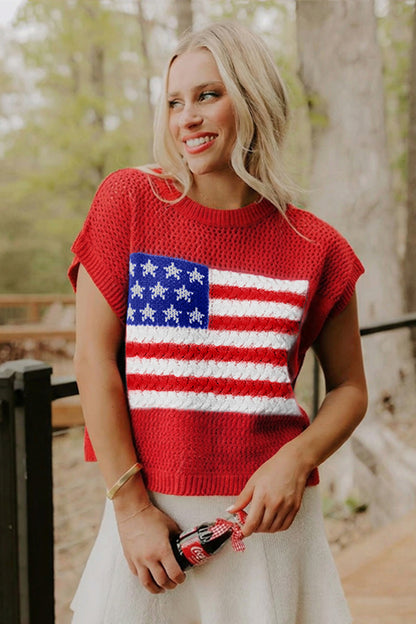 Sky Blue Flag Graphic Short Sleeve Sweater Top