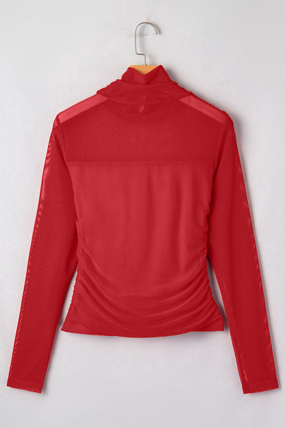 Coffee Sheer Mesh Patchwork High Neck Long Sleeve Top