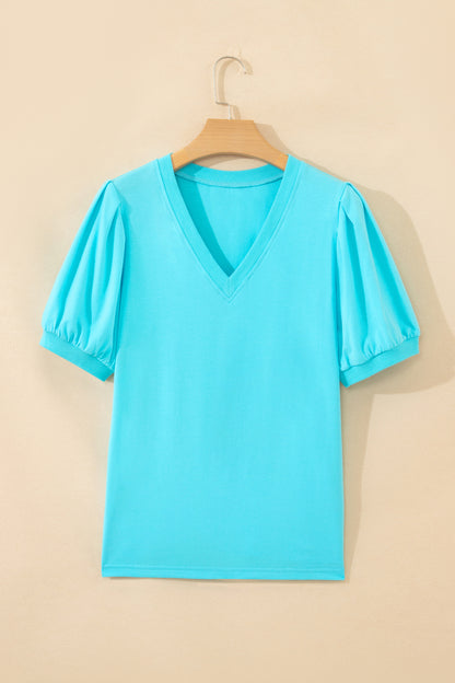 Mint Green Solid Color V Neck Short Puff Sleeve Blouse