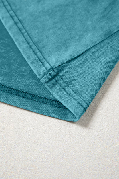 Turquoise Mineral Wash Western Embroidered Detail Short Puff Sleeve Cotton Tee