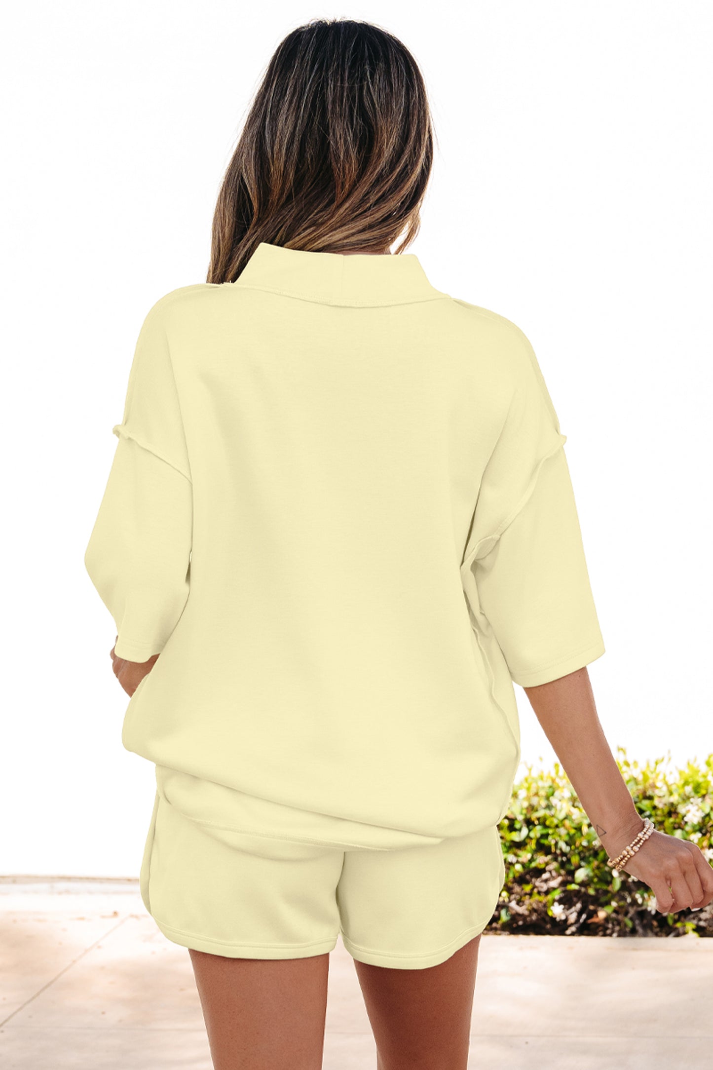 Moonlight Jade Solid Color Exposed Seam Mock Neck Oversize Tee Casual Shorts 2pcs Outfit