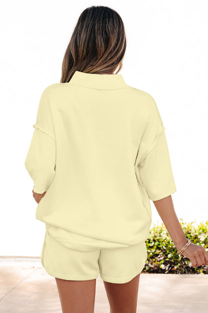 Moonlight Jade Solid Color Exposed Seam Mock Neck Oversize Tee Casual Shorts 2pcs Outfit