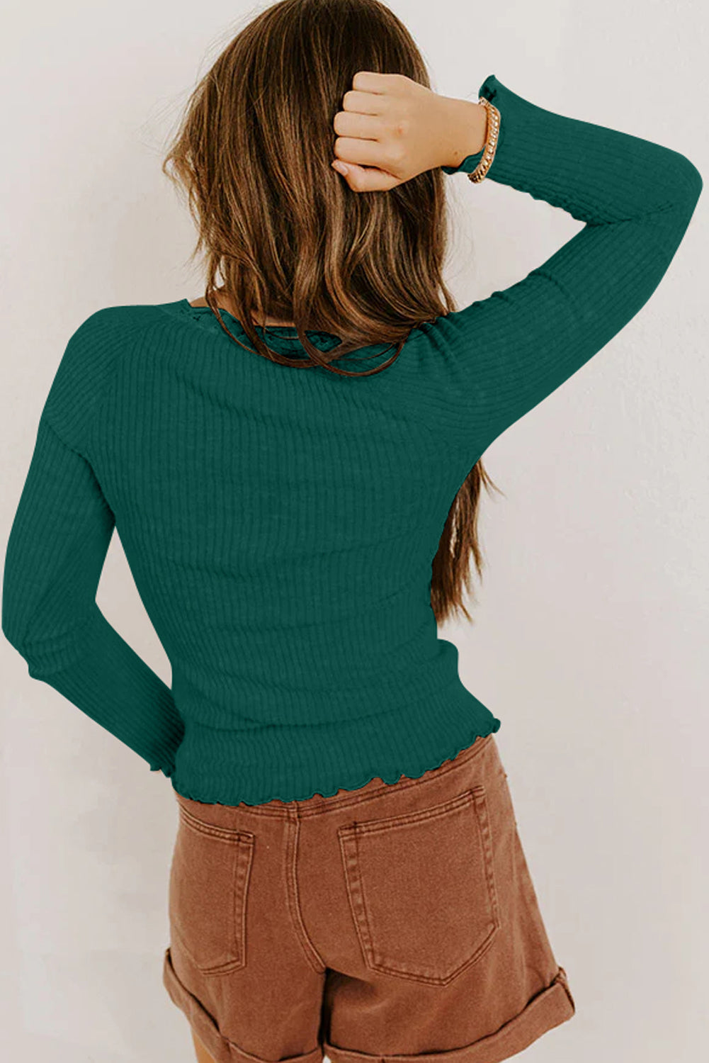 Black Lace Neckline Button Decor Lettuce Edge Long Sleeve Ribbed Top