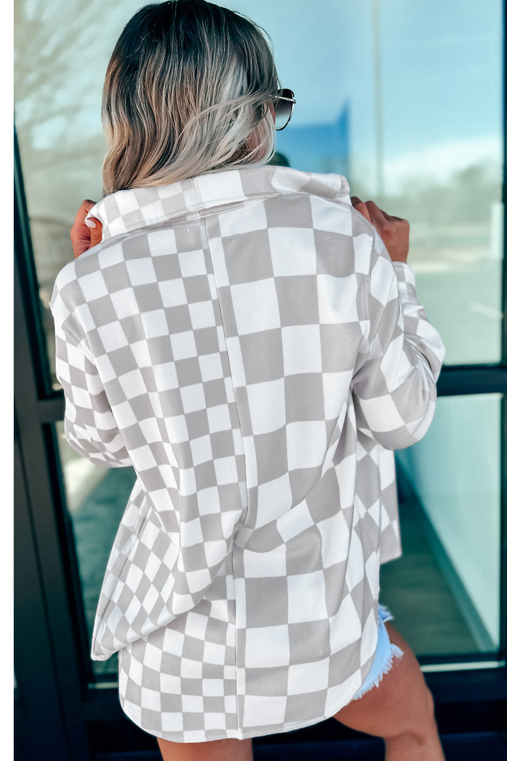Khaki Plus Size Checkered Buttoned Down Casual Western Jacket