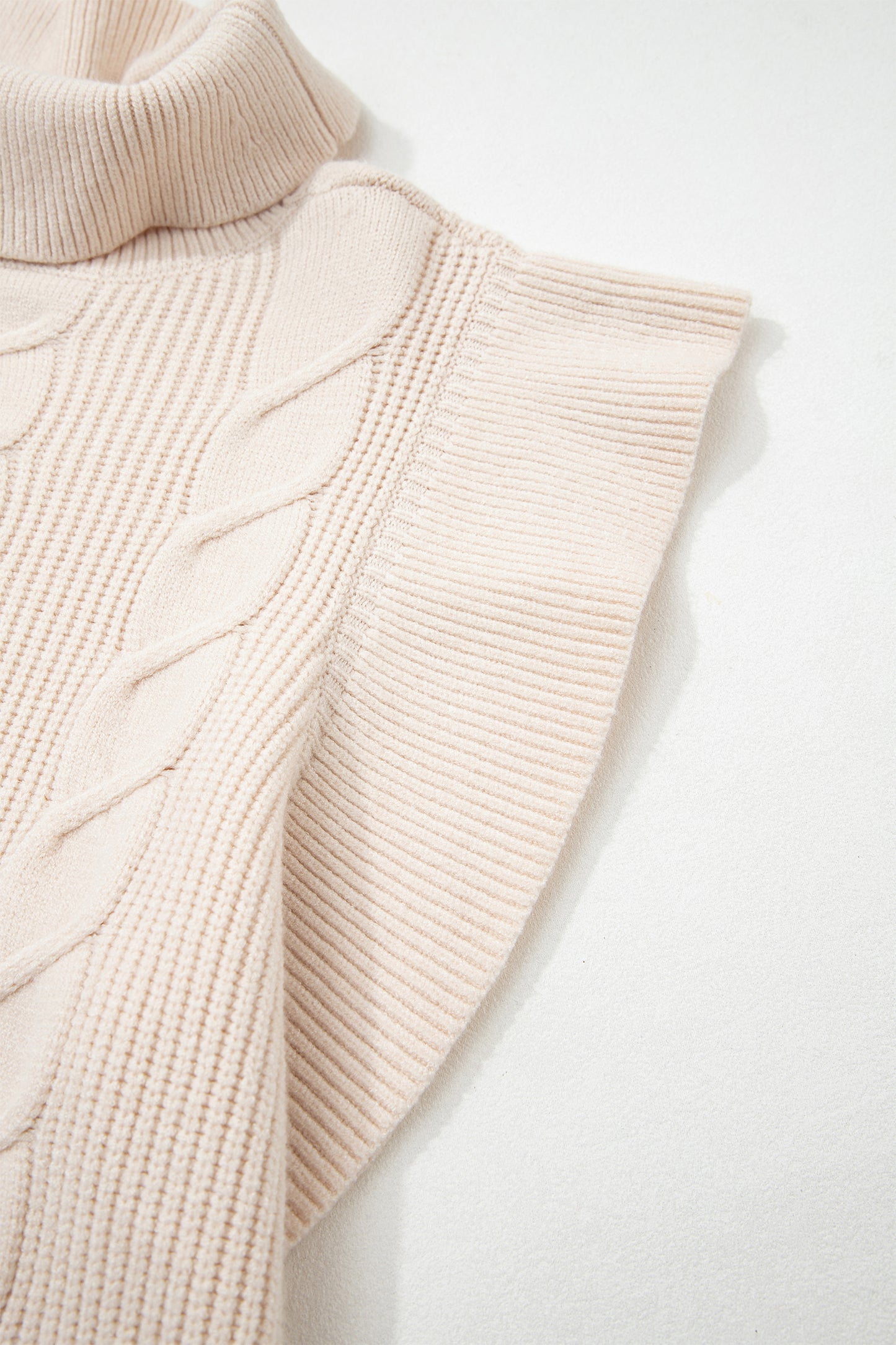 Tomato Red Cable Knit Turtleneck Ruffled Short Sleeve Sweater