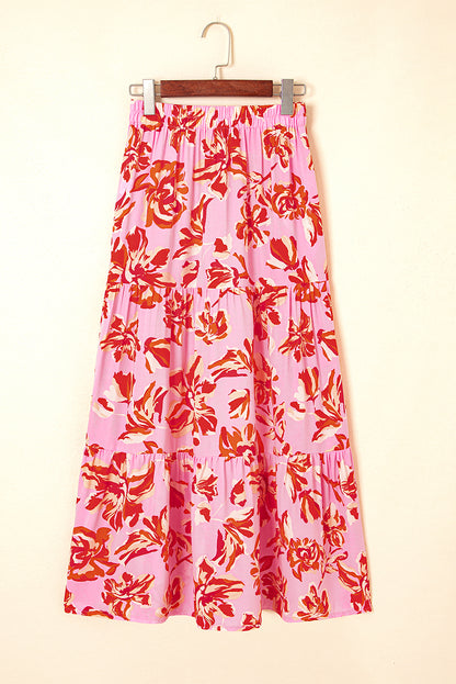 Sky Blue Bohemian Floral Print Tiered Maxi Skirt with Split