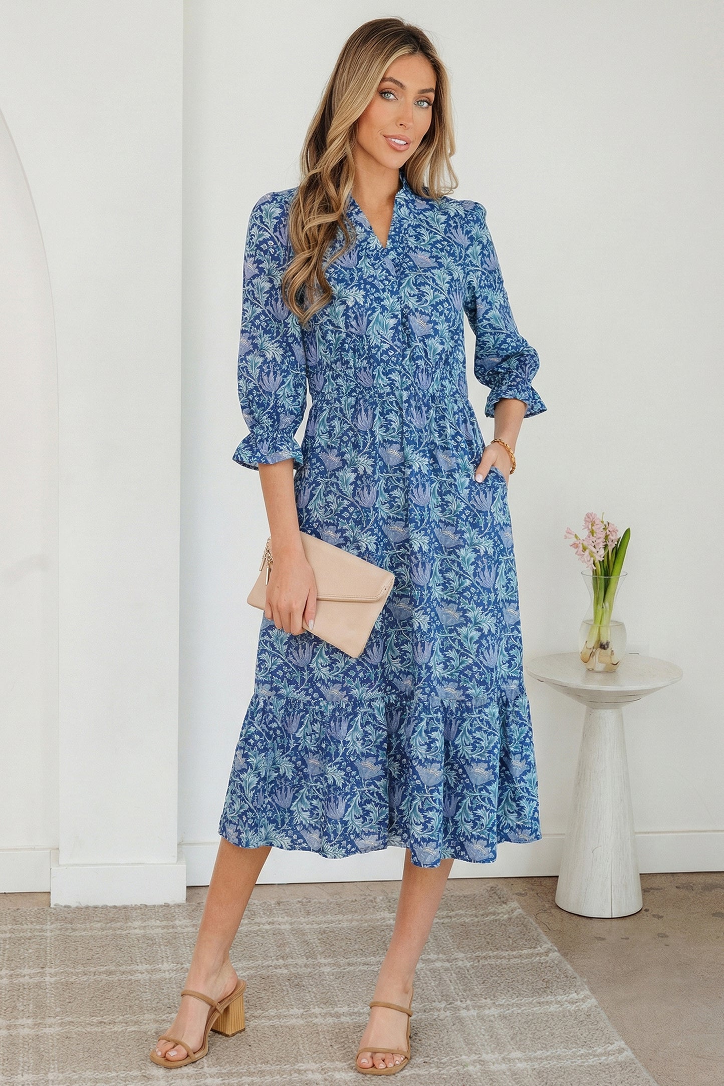 Brown Floral Printed Frilled V Neck Bracelet Sleeve Long Dress