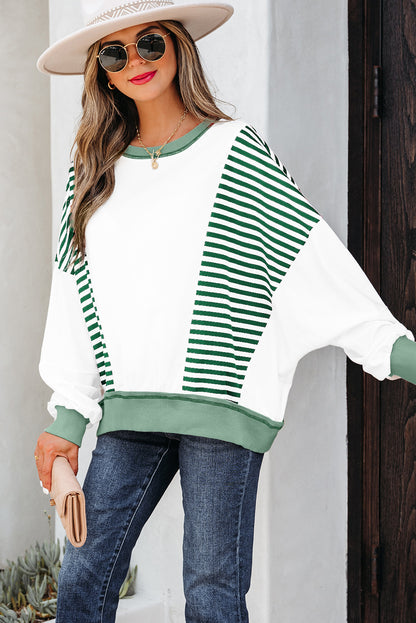Brown Stripe Colorblock Patchwork Contrast Stitching Oversize Sweatshirt