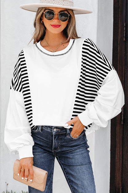 Red Stripe Colorblock Patchwork Contrast Stitching Oversize Sweatshirt