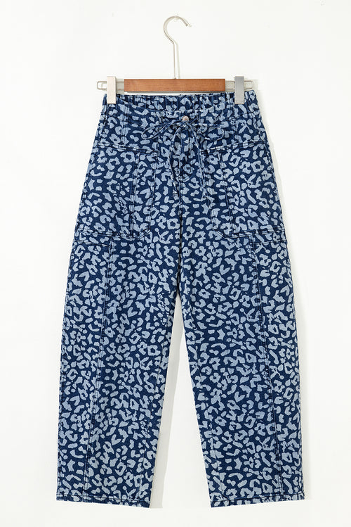 Khaki Leopard Printed Drawstring Elastic Waistband Pocketed Wide Leg Jeans
