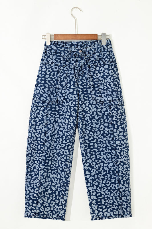 Khaki Leopard Printed Drawstring Elastic Waistband Pocketed Wide Leg Jeans