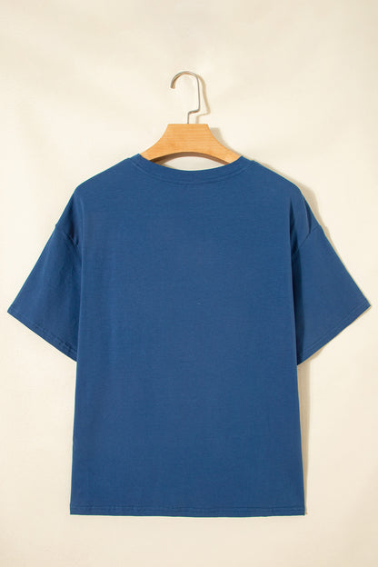 Sail Blue Color Block Chest Pocket Patched Casual Short Sleeve Top