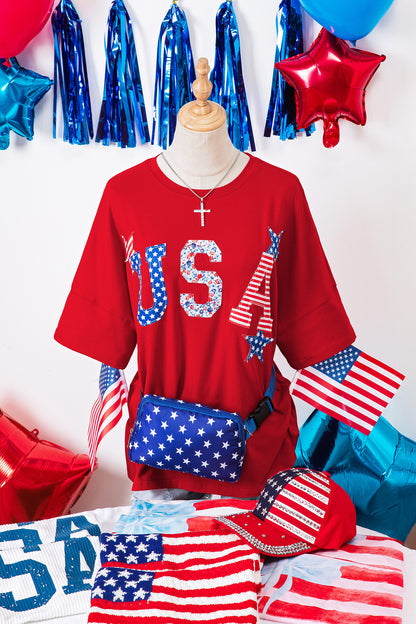 Fiery Red Patriotic USA Slogan Patch Embroidery Short Sleeve T Shirt