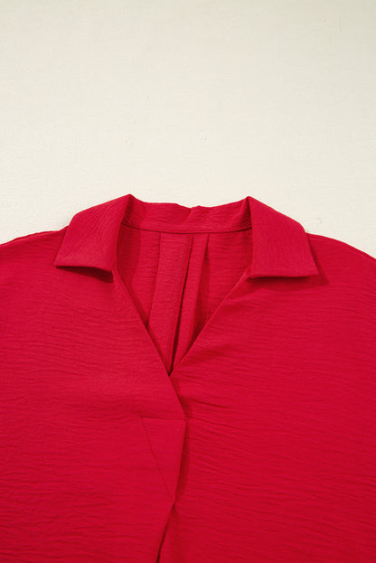 Fiery Red V Neck Collared Shirred 3/4 Sleeve Oversized Tunic Top