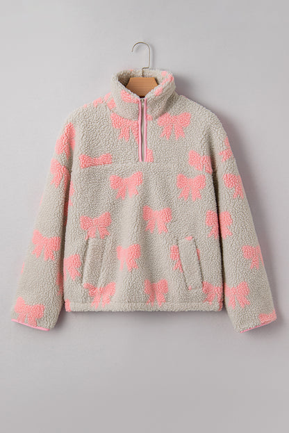 Gray Bow Sherpa Quarter Zip Drop Shoulder Baggy Sweatshirt