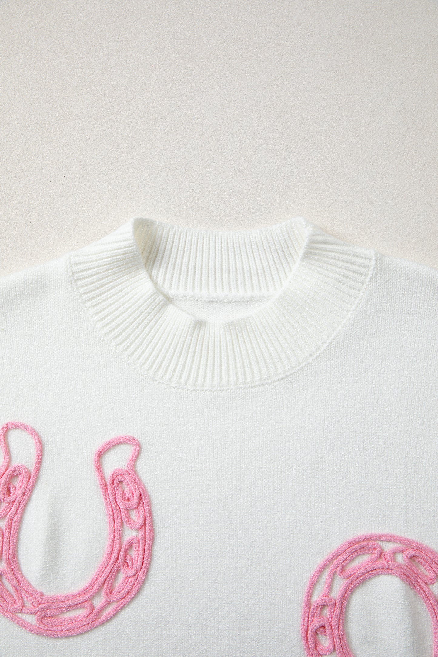 Bright Green Corded Horseshoes Ribbed Trim Mock Neck Short Sleeve Sweater