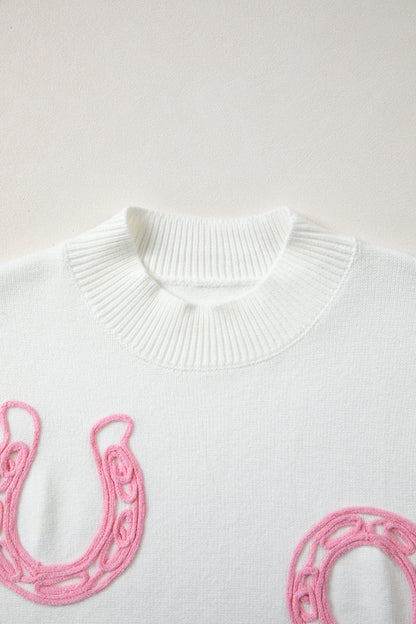 Bright Green Corded Horseshoes Ribbed Trim Mock Neck Short Sleeve Sweater