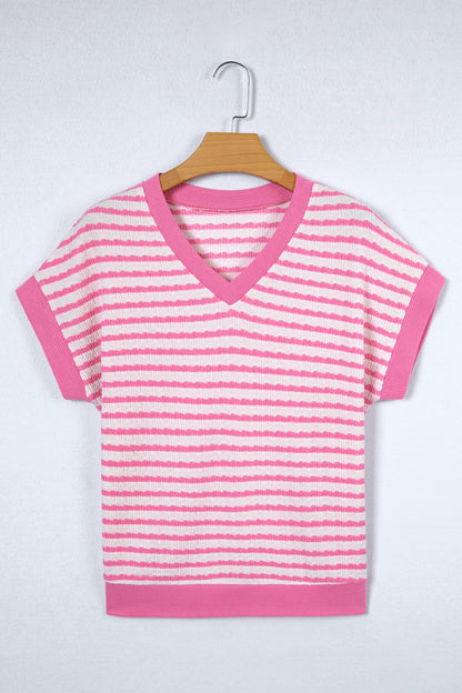 Pink Stripe Textured Knit Contrast Trim V Neck Short Sleeve Top