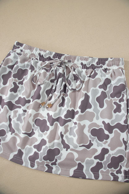 Sky Blue Abstract Camo Elastic Waist Drawstring Mini Skort