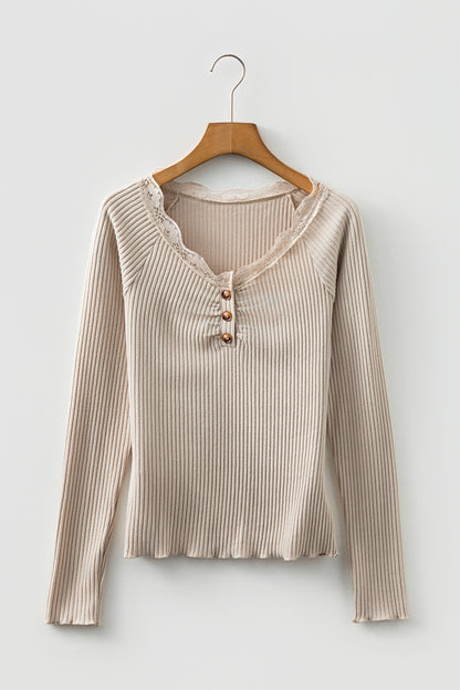 Beige Lace Neckline Button Decor Lettuce Edge Long Sleeve Ribbed Top