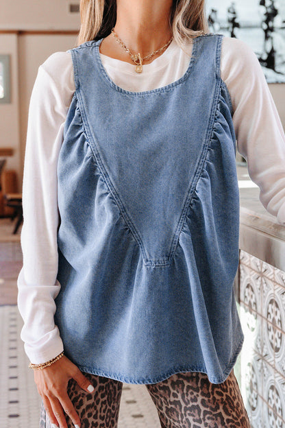 Myosotis Denim Pleated Patchwork Sleeveless Top