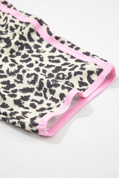 White Contrast V Neck Varsity Short Sleeve Leopard Top