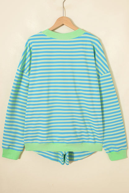 Pink Stripe Color Block Detail Long Sleeve Pullover Elastic Waist Pull On Shorts 2pcs Set