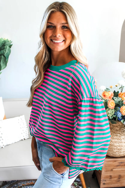 Sachet Pink Striped Print Drop Shoulder Lace Trim Bracelet Sleeve Loose Top