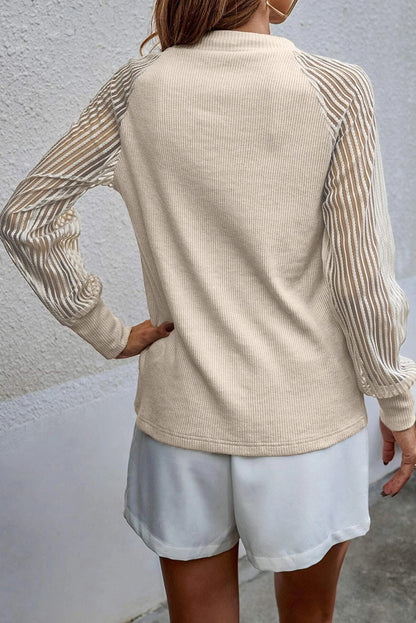 Pink Black Striped Mesh Long Sleeve Crewneck Ribbed Top