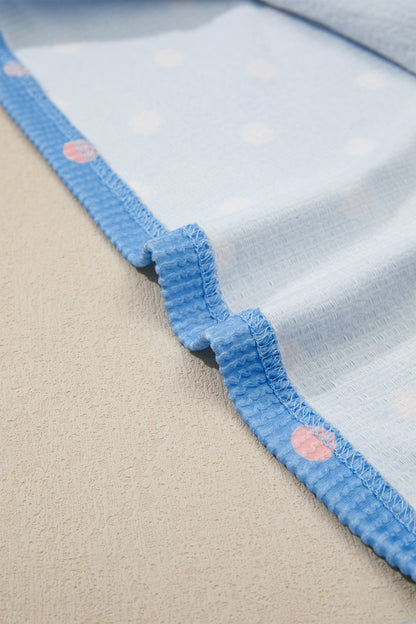 Sky Blue Raised Rib Polka Dot Print Cuffed Short Sleeve Top