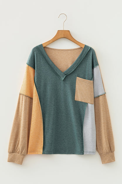 Jungle Green Exposed Stitching Colorblock V Neck Long Sleeve Top