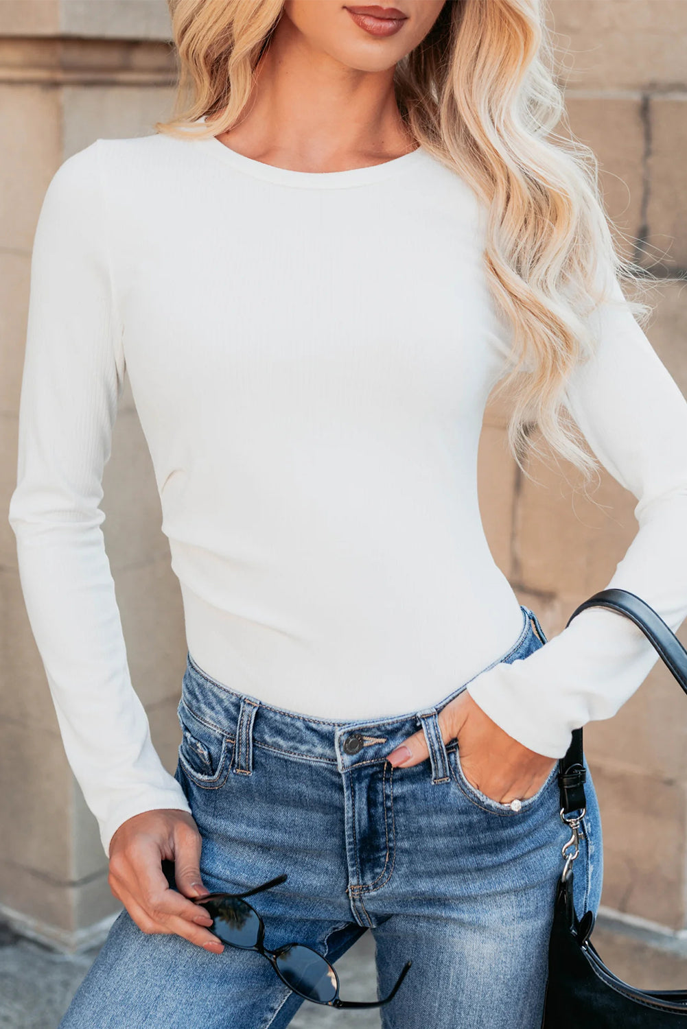 Black Ribbed Long Sleeve Crew Neck Solid Color Bodysuit