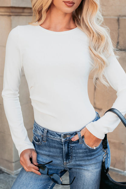 Black Ribbed Long Sleeve Crew Neck Solid Color Bodysuit