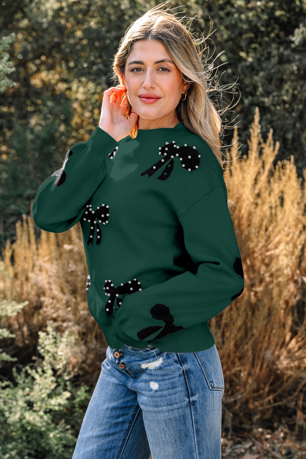 Racing Red Pearl Embellished Bow Pattern Loose Sweater