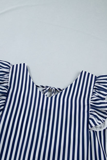 Blue Stripe V Neck Lace Contrast Ruffle Trim Tank Top